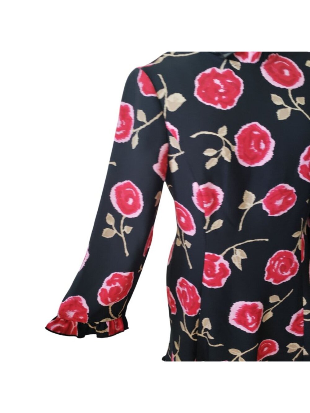 Kate Spade Black Pink Rose Floral Midi Ruffle Hem Dress Modest Career Feminine - Picture 11 of 14